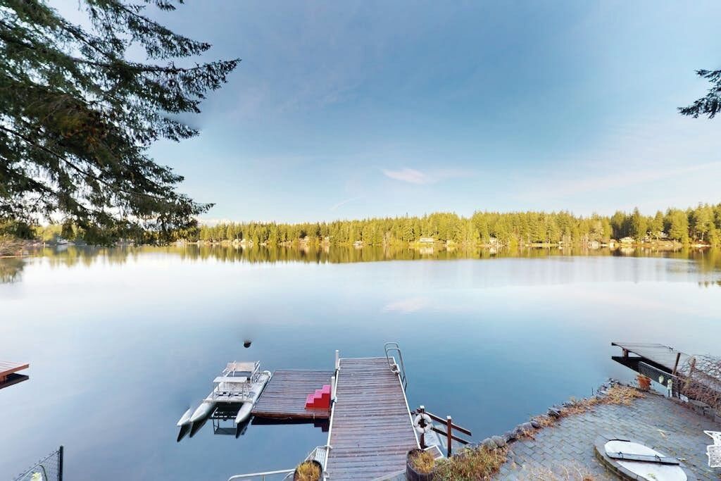 A calm lake with a dock, surrounded by trees.