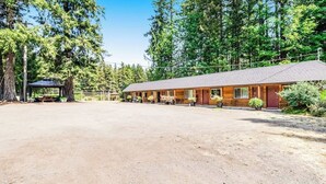Un chalet comprenant un bâtiment principal, une zone abritée et un parking non aménagé.