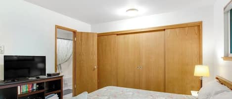 Un dormitorio con una cama, un televisor sobre un mueble, un armario y una lámpara de noche.