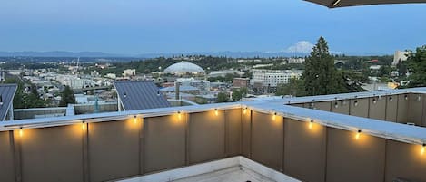 Terraza en la azotea con vistas a un paisaje urbano, incluyendo edificios y una montaña.