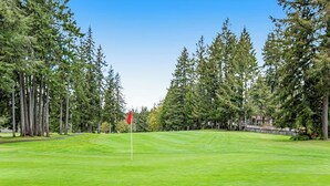 Um campo de golfe com uma bandeira vermelha no green, rodeado por árvores altas.