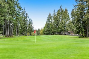 A golf course with a red flag on the green, surrounded by tall trees. - 3BR Golf Course View (Allyn)