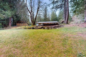 A cabin in a wooded area with a stone foundation, surrounded by trees.