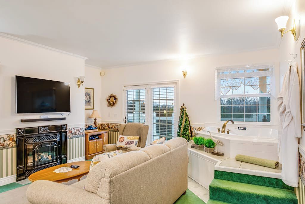 Een woonkamer met een bank, een televisie, een open haard en een groen tapijt.