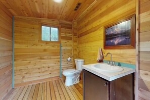 A wooden cabin bathroom with a toilet, sink, and a framed picture on the wall. - 2 BR cabin with Hood Canal views (Hansville)