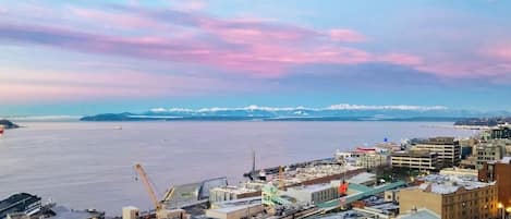 Un paisaje urbano costero con un mercado público destacado, edificios y vistas al océano.