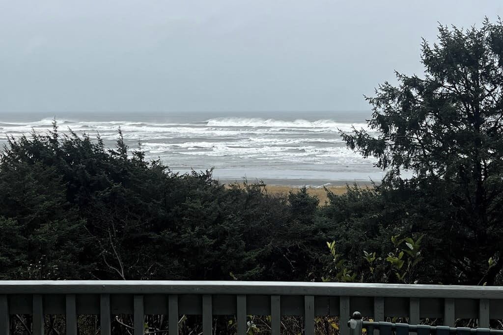 A view of the ocean with waves from a high vantage point, surrounded by dense foliage.