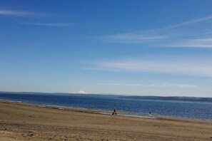 A beach with a clear sky, a distant mountain, and a few people walking. - 2 BR water view house, dog friendly amenities (Belfair)