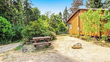 A wooden cabin with a picnic table and a dirt path leading to it, surrounded by dense forest.