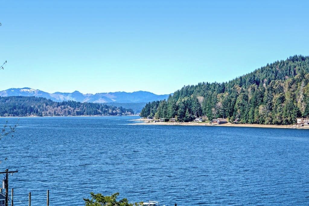 Un lago con una isla boscosa y montañas al fondo.