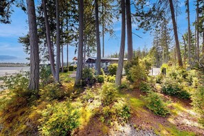 Une zone boisée avec un chalet et une vue sur un plan d’eau.