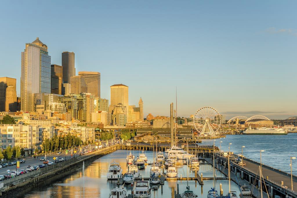 A marina with boats docked, a city skyline in the background, and a Ferris wheel.