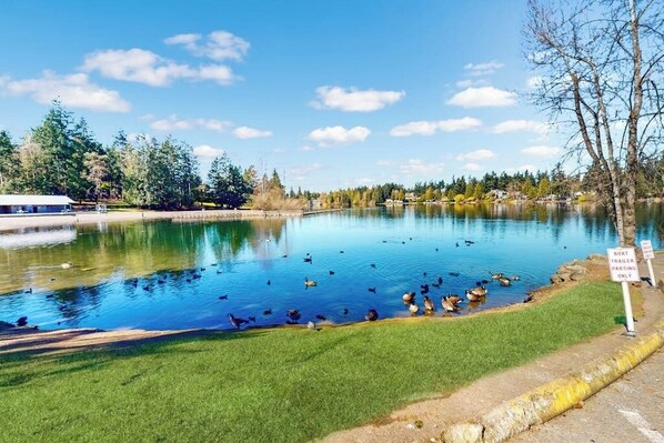 Un lago tranquillo con anatre, un cartello per il parcheggio dei rimorchi per barche e un edificio sullo sfondo.