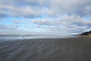 Een strand met een heldere lucht en rustig water.