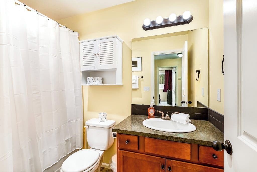 A bathroom with a toilet, sink, vanity, and a shower curtain.
