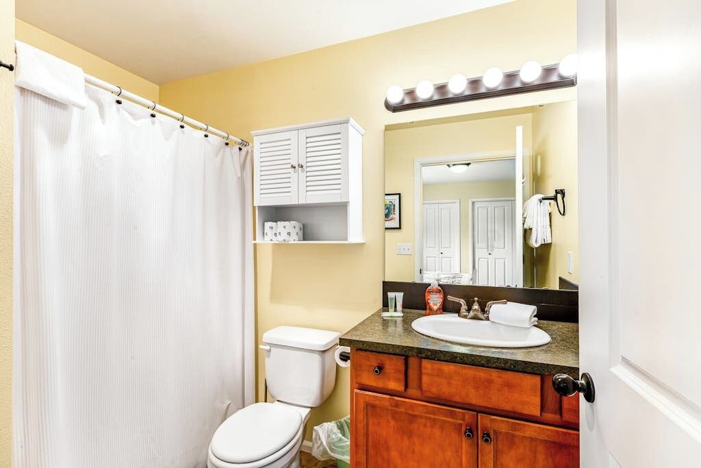 A bathroom with a toilet, a sink, a vanity with a mirror, and a shower curtain.