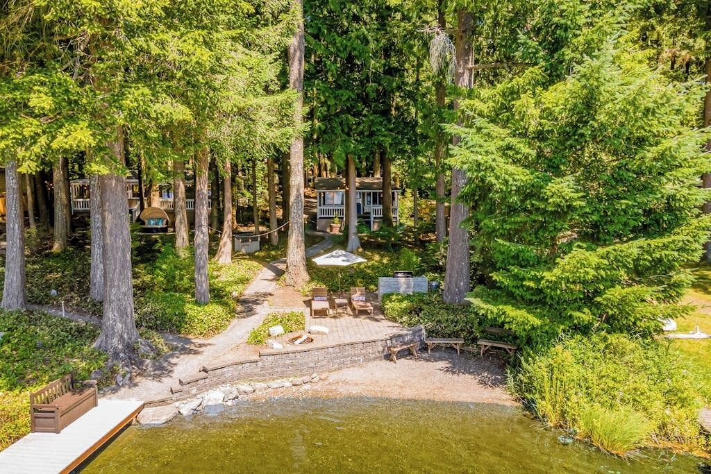 A forested area with a dock, a small pond, and a pathway leading to a cabin.