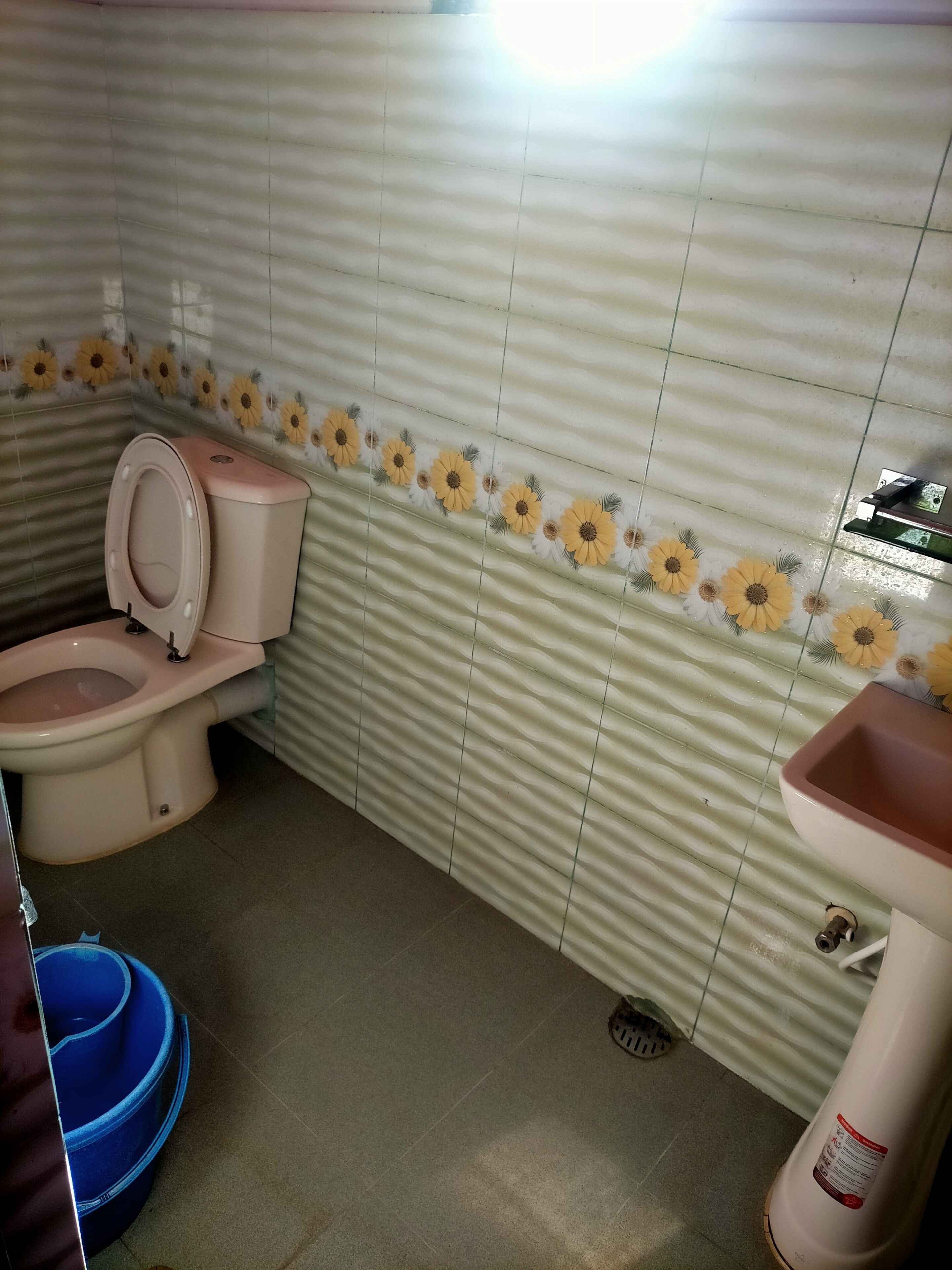 Une salle de bain avec des toilettes, un lavabo et des bacs de rangement bleus.