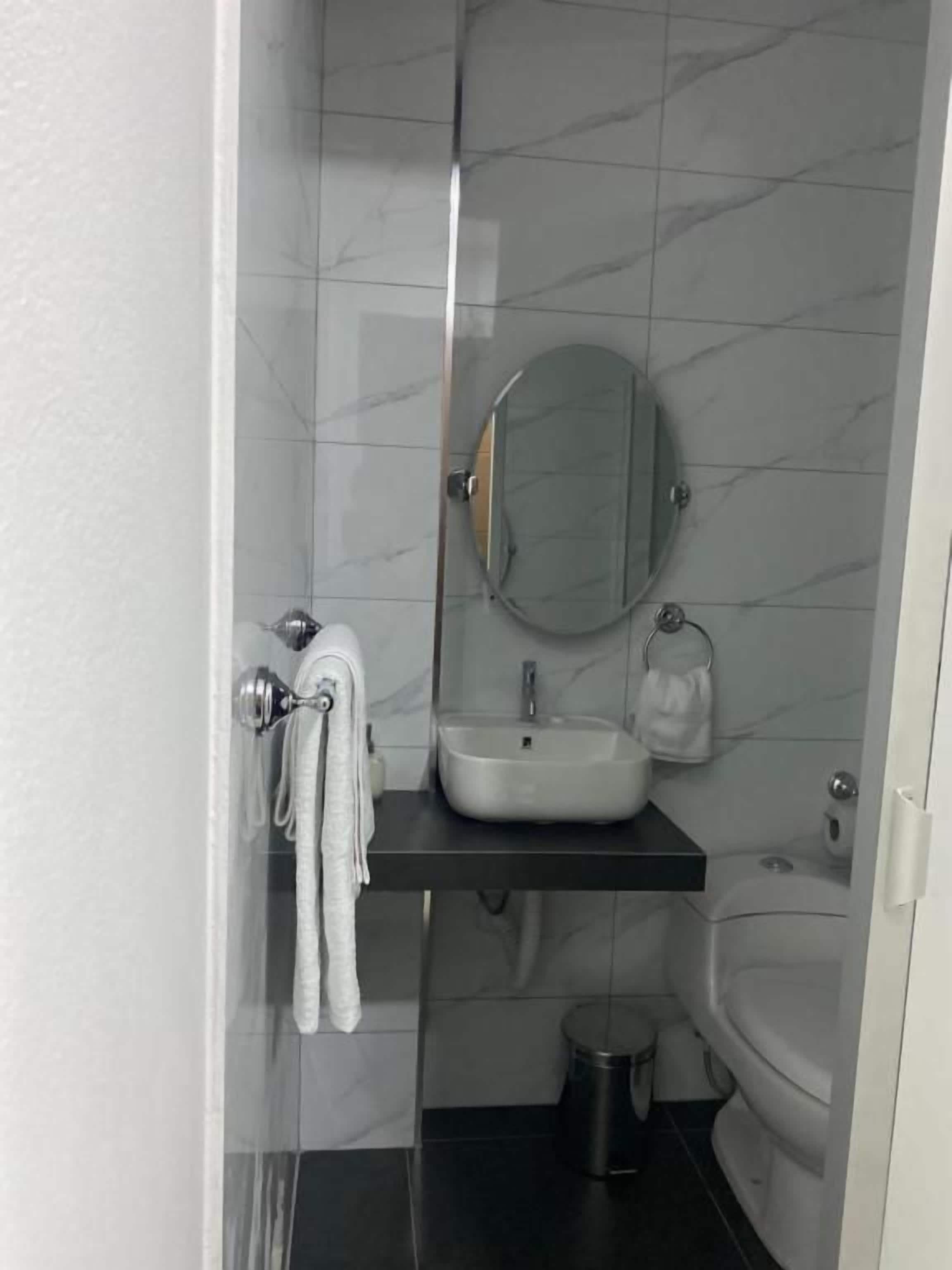 Un baño con un lavamanos blanco, un espejo y un inodoro.