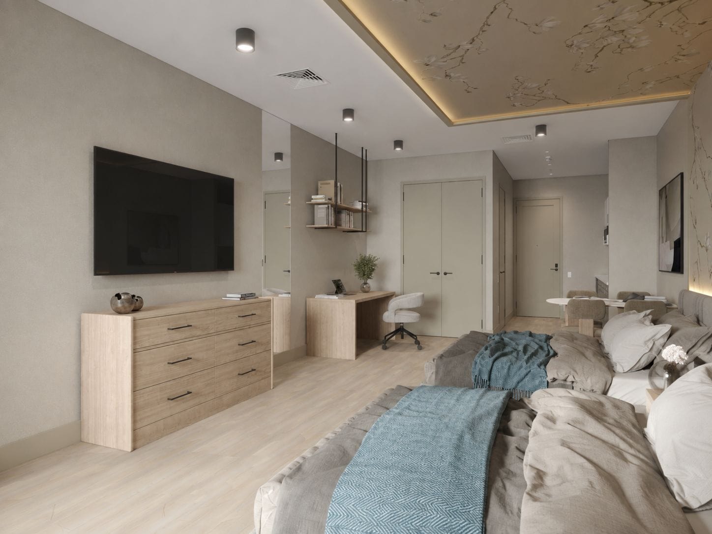 Un dormitorio moderno con una televisión de pantalla plana, un aparador de madera, un escritorio, una silla, una cama con una manta azul y un techo con diseño tipo mármol.