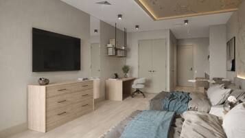 Un dormitorio moderno con una televisión de pantalla plana, un aparador de madera, un escritorio, una silla, una cama con una manta azul y un techo con diseño tipo mármol.
