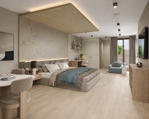 A modern bedroom with a large bed, bedside tables, a desk, and a seating area.