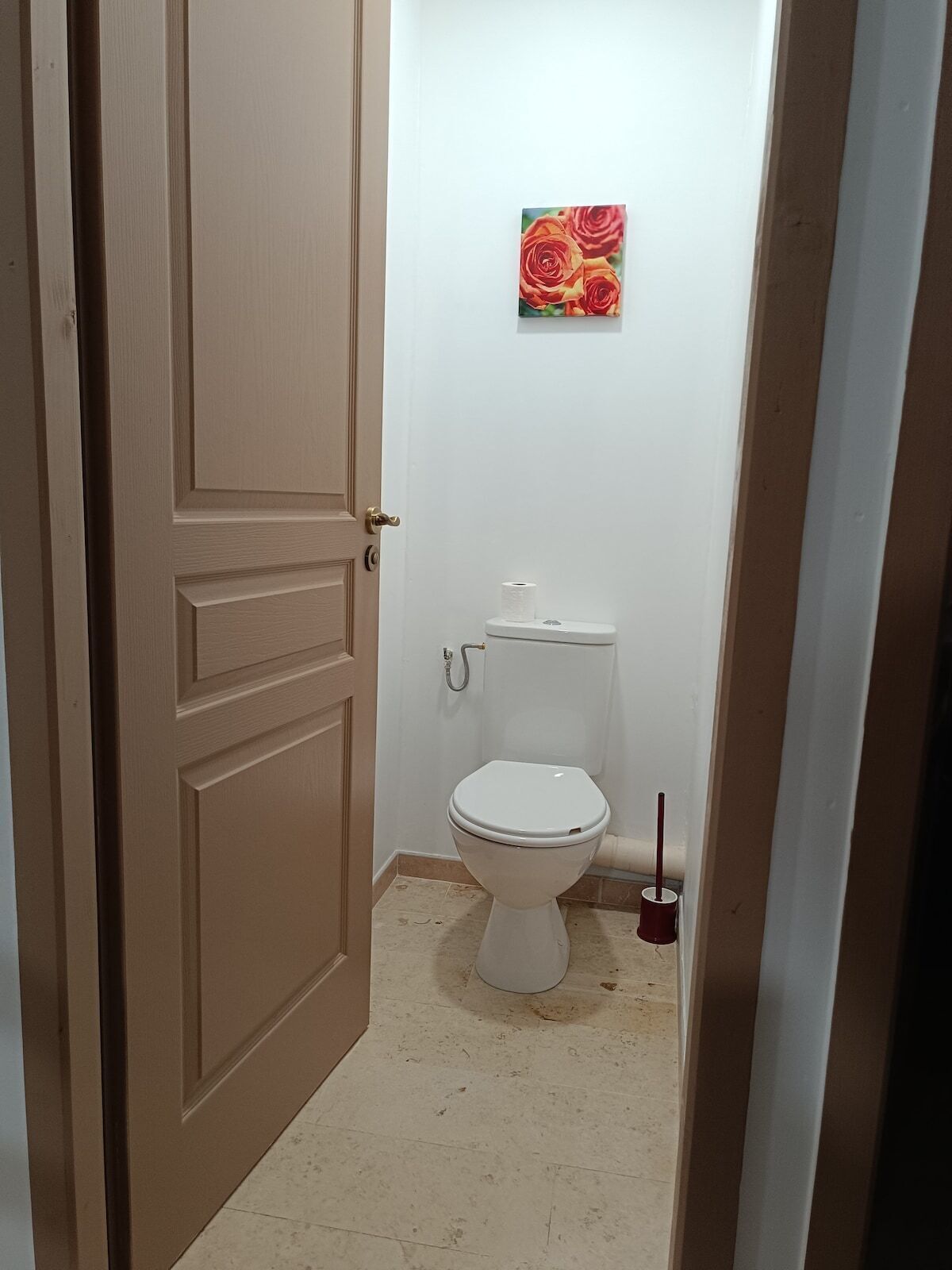 Une petite salle de bain avec des toilettes, un rouleau de papier toilette et une brosse de nettoyage rouge.
