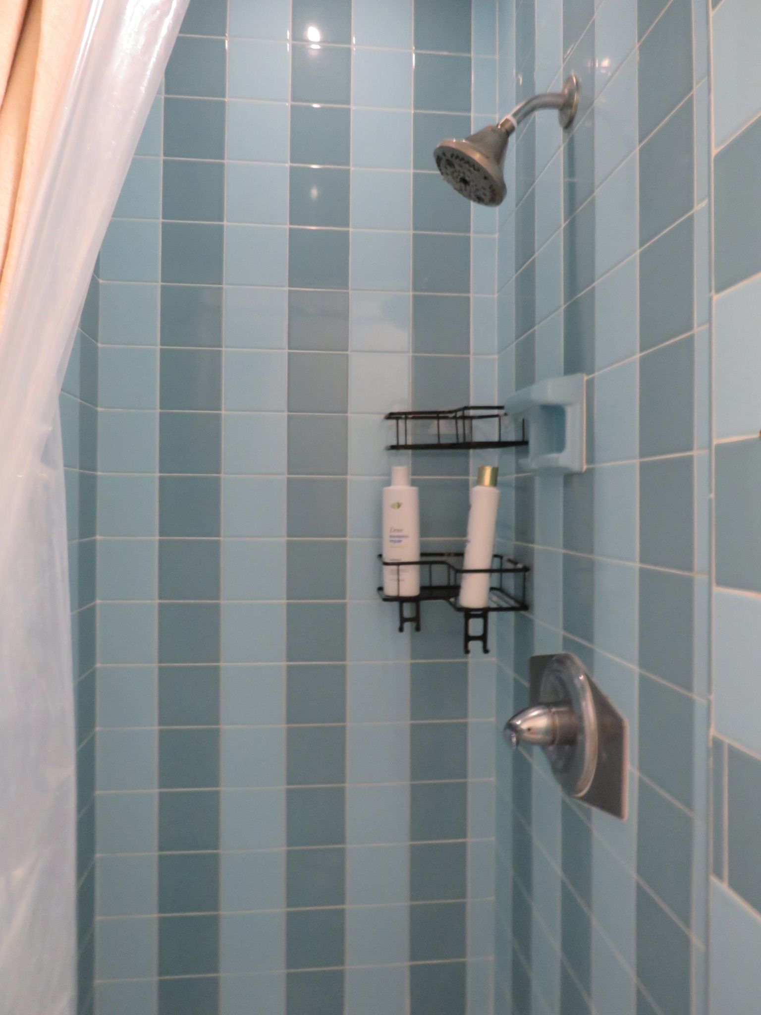 A bathroom with blue tiles, a shower head, and a soap dispenser on a wall-mounted rack.
