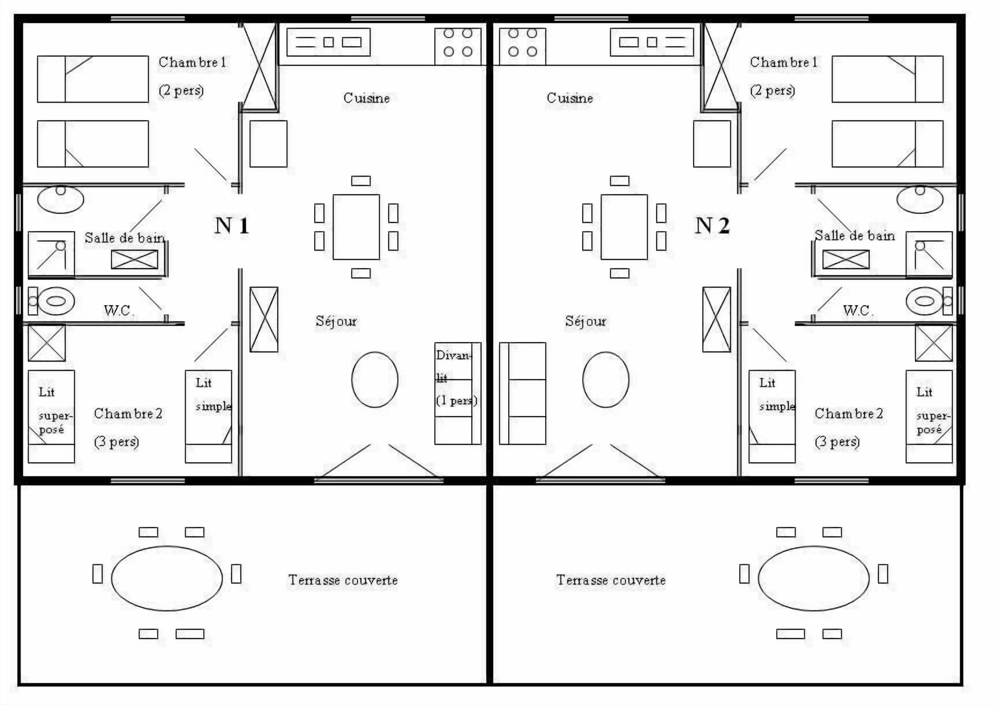 A floor plan of a hotel with two bedrooms, two bathrooms, a kitchen, a dining area, a living room, and a covered terrace.