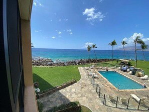 Ein Poolbereich mit Blick auf das Meer, Palmen und einem Steinweg.