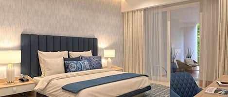 Ein modernes Hotelzimmer mit einem großen Bett, zwei Nachttischen, einem Schreibtisch mit Stuhl und Blick ins Freie durch eine Schiebetür.