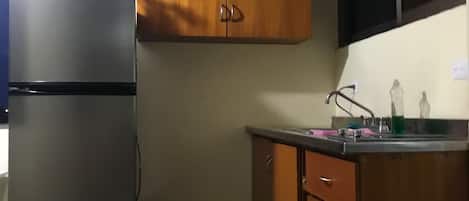 A compact kitchen with a refrigerator, wooden cabinets, and a window.