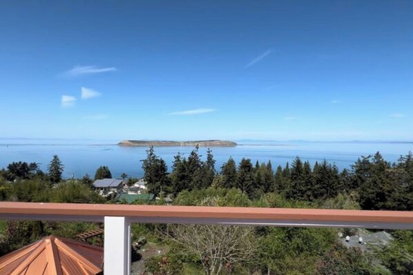 A coastal view with a clear sky, a distant island, and dense forest. - Fantastic 3BR Oceanview with decks, gas grill (Sequim)