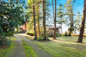 A residential property with a driveway leading to a house, surrounded by tall trees and a well-maintained lawn.