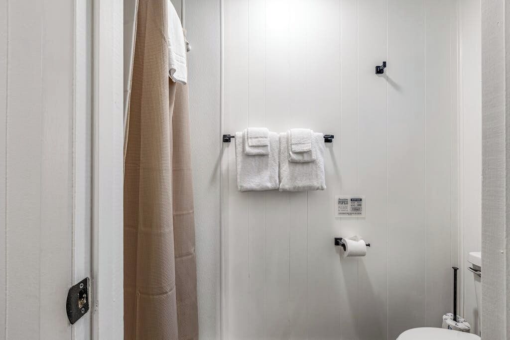 Un baño con puerta blanca, un perchero con dos toallas, un inodoro y una cortina de ducha.