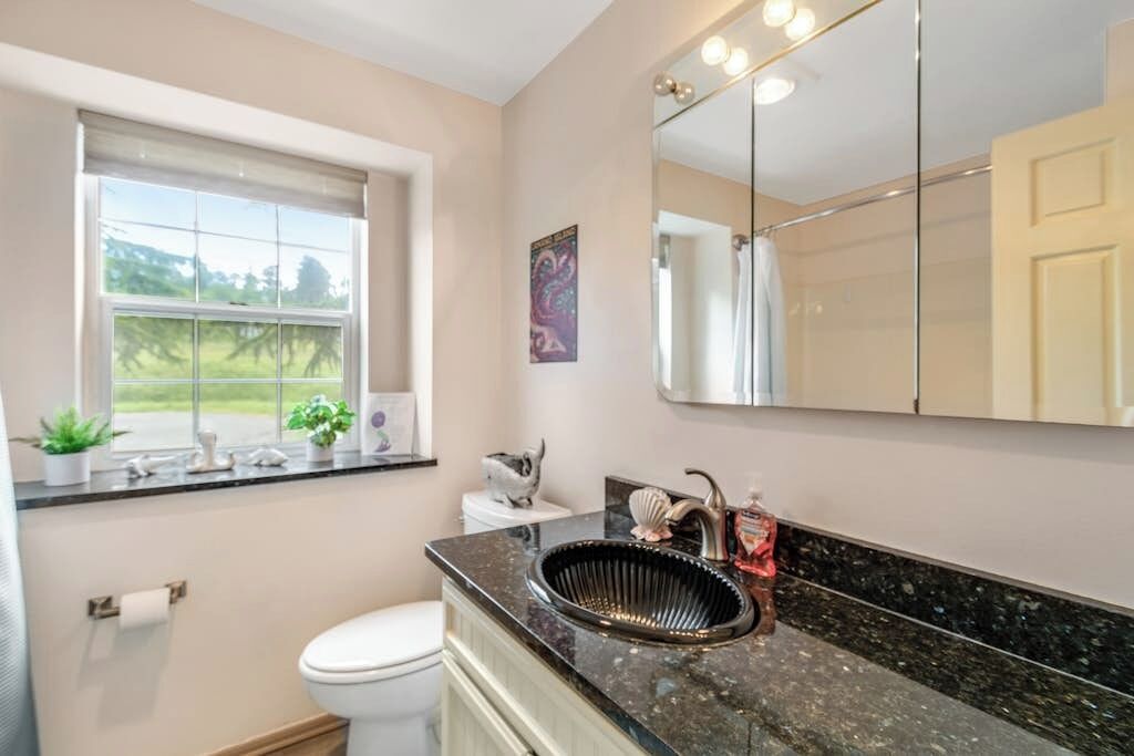 A bathroom with a toilet, sink, and window.