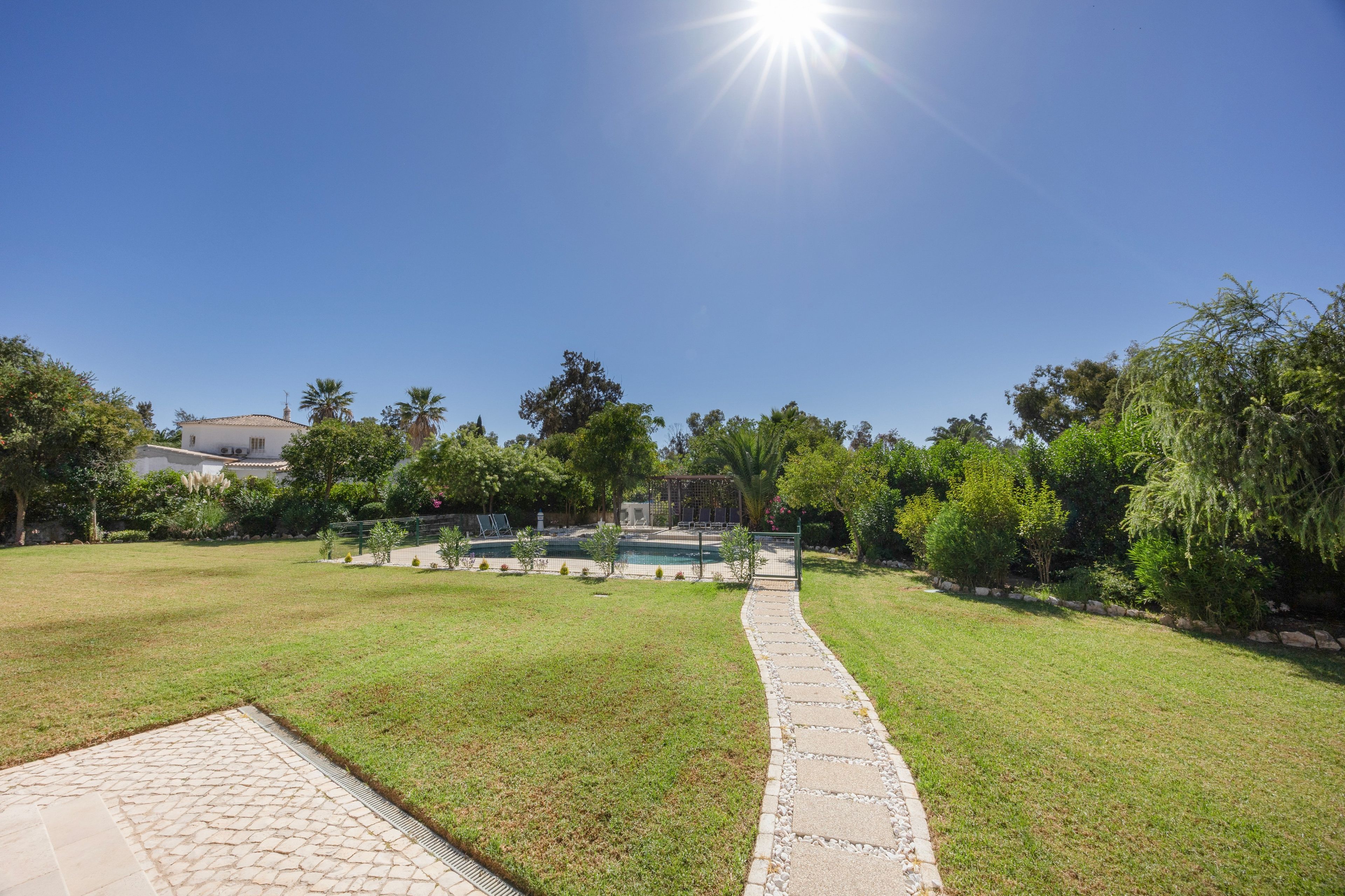 A sunny outdoor area with a paved walkway leading to a pool, surrounded by greenery and a clear sky.