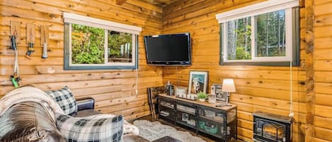 A log cabin interior with a leather sofa, a television mounted on the wall, and a fireplace.