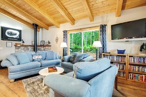 A cozy living room with a fireplace, a television, a bookshelf, and a large window with curtains. - 2BR Lakefront - Dock - WoodStove - Deck (Bellingham)