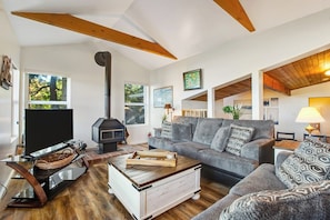 A cozy living room with a fireplace, a sofa, and a television. - Amazing View 2BR Soundview - Deck (Nordland)
