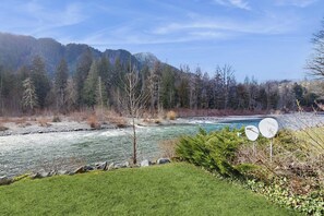 Ein Fluss mit einer grünen Wiese im Vordergrund und Bäumen im Hintergrund.