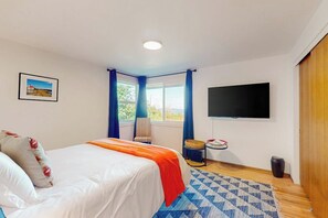 Quarto com cama, televisão, janela com cortinas, quadro na parede e tapete estampado.
