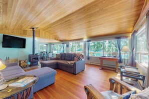 A spacious living area with a wooden ceiling, a large sofa, a television mounted on the wall, and a view through large windows. - Fantastic 2BR Lakefront - Dock - Fireplace (Grapeview)