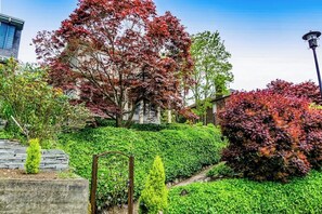 A landscaped garden with a variety of trees and shrubs, a stone retaining wall, and a metal gate. - Modern Studio - 1st Floor - 1 Block to Kerry Park (Seattle)