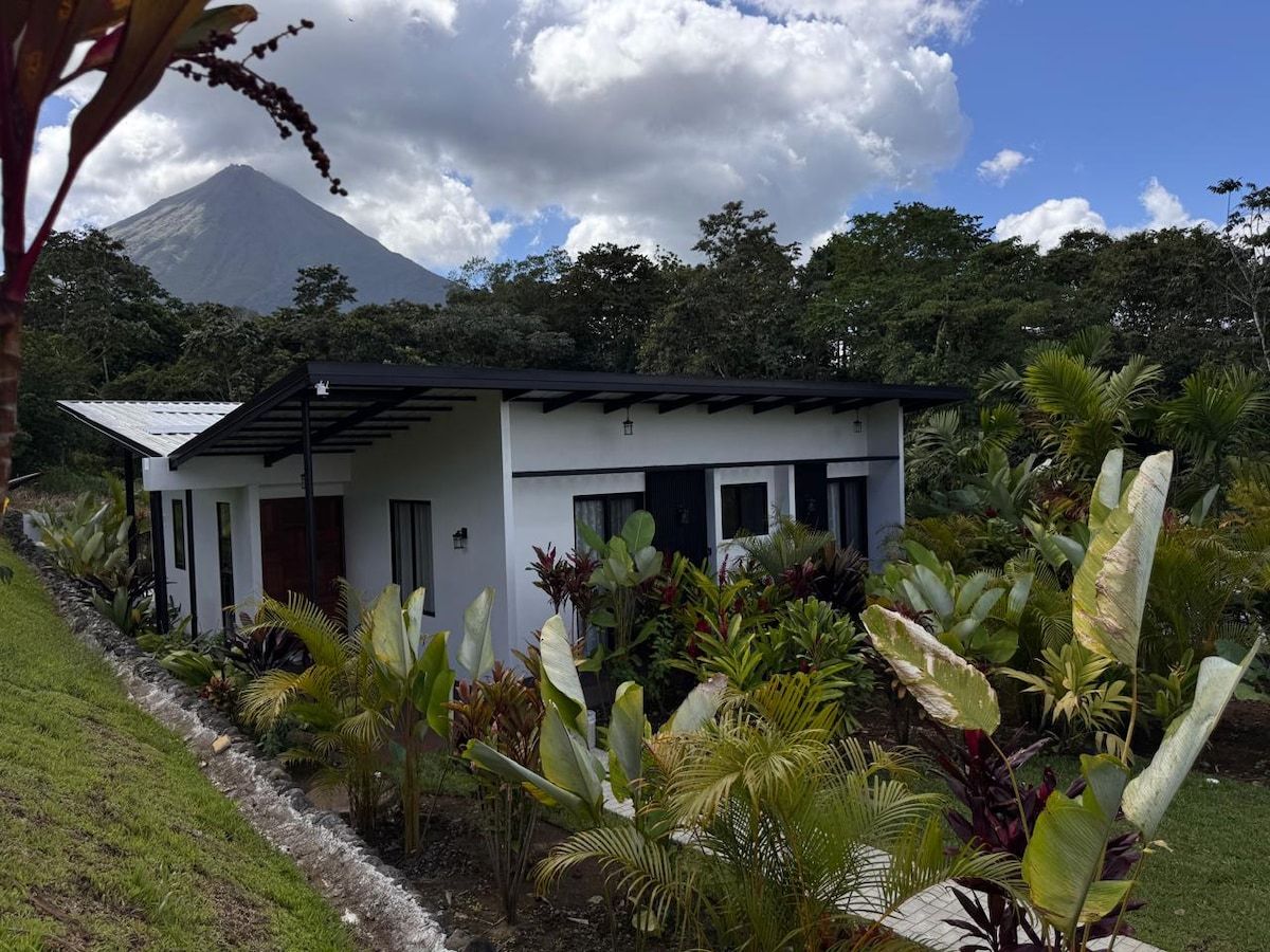 A modern building with a flat roof, surrounded by tropical vegetation and a mountain in the background.