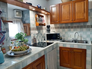 A compact kitchen with a microwave, sink, and a bowl of fruit on the counter. - Adorable 2-bedroom apartment with AC in the center of charming Noto (Noto)