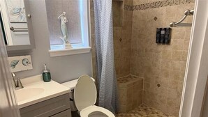 A bathroom with a toilet, a sink, a shower, and a window with a decorative fish statue. - 3-bedroom cottage in adorable Mount Dora with AC comfort (Mount Dora)