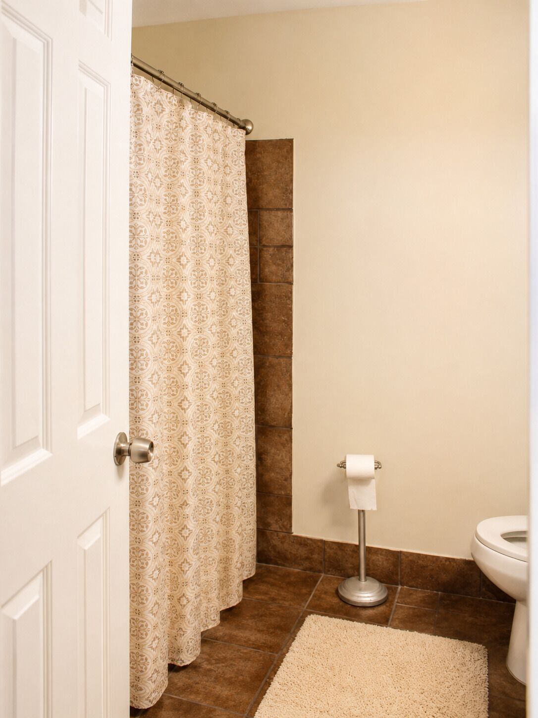 A bathroom with a shower curtain, toilet, and a rug.