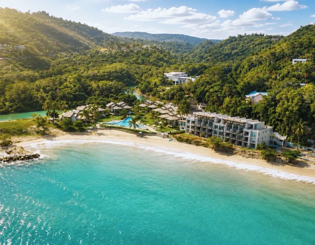A coastal resort with a pool, beachfront, and lush greenery.