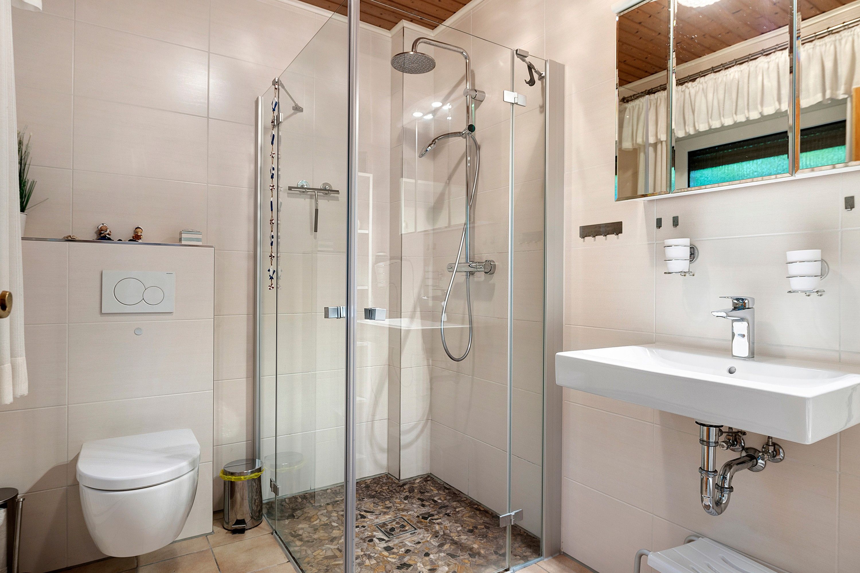 A modern bathroom with a glass-enclosed shower, a white sink, and a toilet.